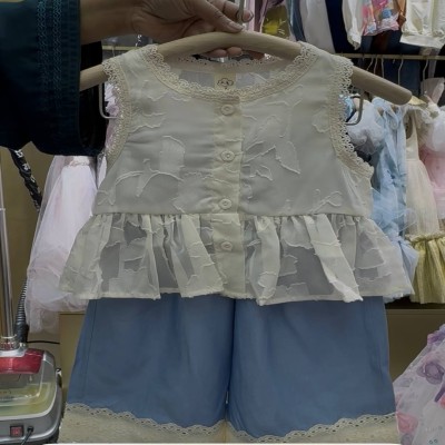 Little Girls' Floral Lace Peplum Top & Blue Shorts Set
