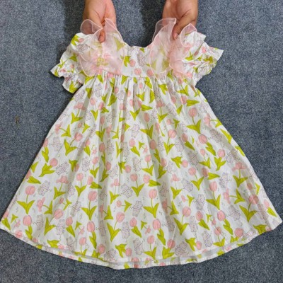 Pure Cotton Tulip & Bear Print Dress with Pearl Organza Neckline