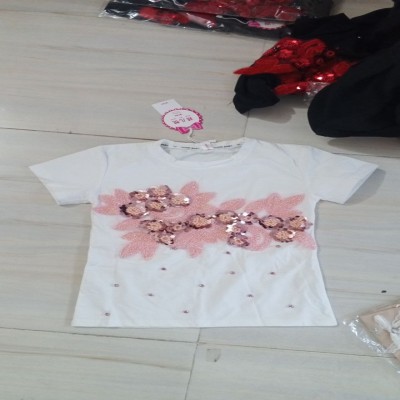 White Short-Sleeve Top with Pink Floral Sequin