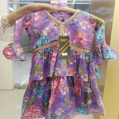 Purple Floral Print Layered Anarkali Dress with Bell Sleeves & Embroidery