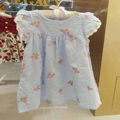 Girls’ Light Blue Striped Flutter-Sleeve Dress with Pink Cherry Blossom Embroidery