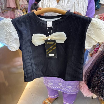 Black Ribbed Top with Embroidered Puff Sleeves