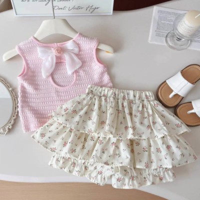 Pink Bow Knit Top & Floral Ruffle Skort Set