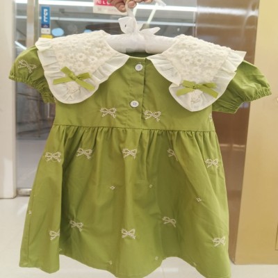 Girls Olive Green Embroidered Cotton Dress with Lace Collar