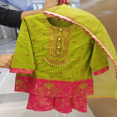 Vibrant Lime Green & Magenta Embroidered 3-Piece Sharara Suit Set