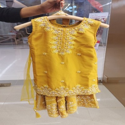Golden Yellow Heavy Embroidered Sleeveless Sharara Set for Girls