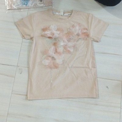 Beige Short-Sleeve Top with 3D Organza Floral