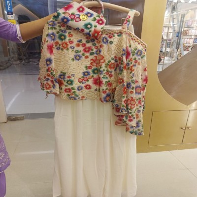 Multi-Color Floral Print Crop Top with White Lehenga Skirt Set for Girls