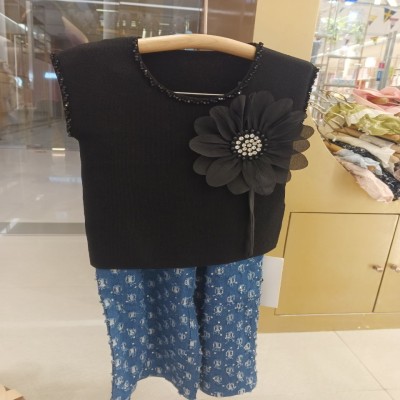 Girls Black Floral Appliqué Top & Printed Wide