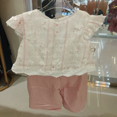White Butterfly Lace Flutter-Sleeve Top with Dusty Pink