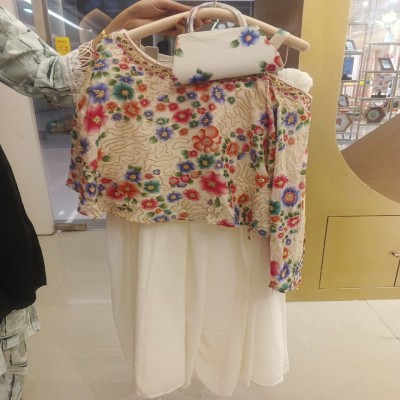 Multi-Color Floral Embroidered Crop Top with Palazzo Pants & Matching Purse
