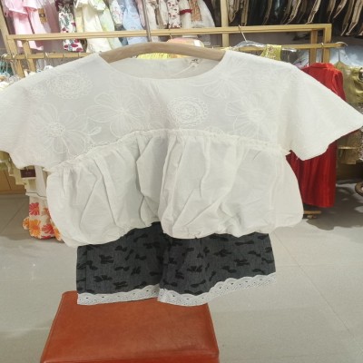 White Embroidered Floral Top and Patterned Shorts Set