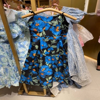 Black & Blue Floral Print Sleeveless Party Dress for Girls