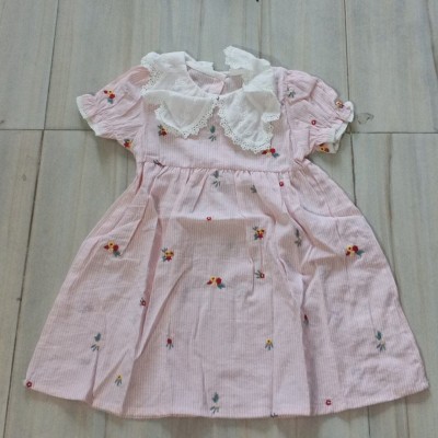 Pink Striped Floral Embroidered Dress