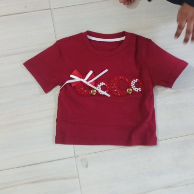 Maroon Short-Sleeve Top with Pearl Appliqué & Bow Detail