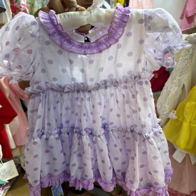 Purple Polka Dot Layered Tulle Princess Dress with Ruffled Neckline