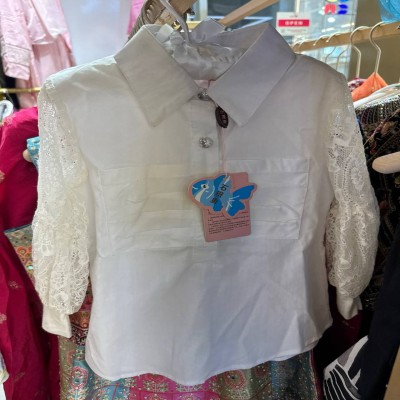 White Lace Sleeve Button-Up Shirt with Rhinestone Buttons