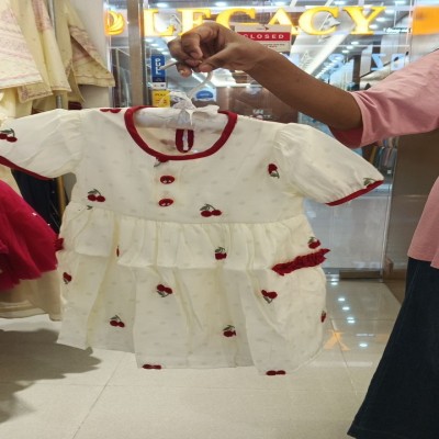 Cream Cherry Embroidered Cotton Dress with Red Piping