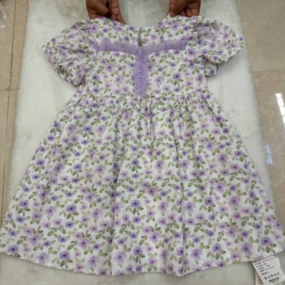 Chic Lilac Floral Print Girls' Puff Sleeve Dress