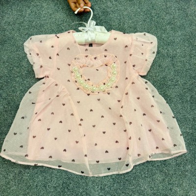 Whimsical Pink Heart-Print Chiffon Frock