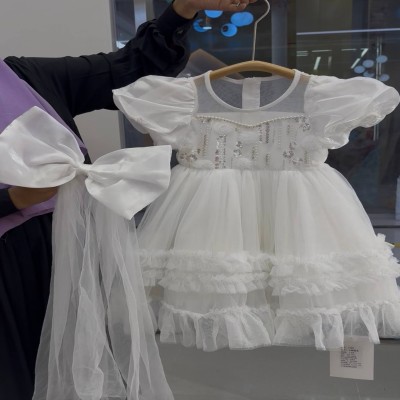 White Elegant Puffy Sleeve Tutu Dress with Detachable Big Bow