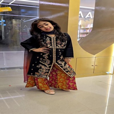 Girl's Black Heavy Embroidered Salwar Kameez with Multi-Color Printed Pants
