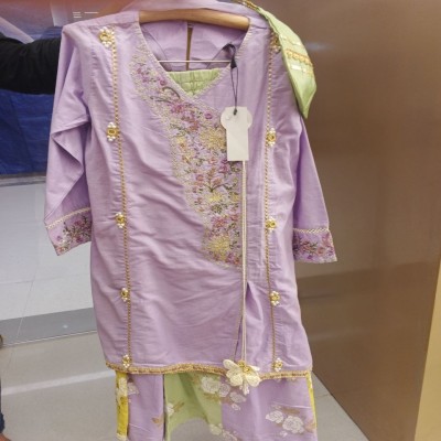 White & Purple Floral Puff Sleeve Tiered Cotton Dress