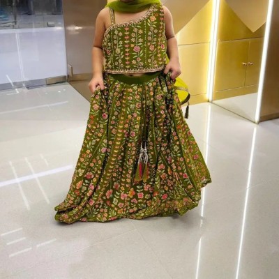 Olive Green Floral Embroidered Kids Lehenga