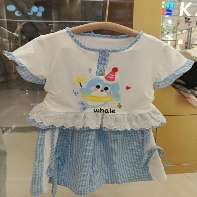 Girls’ Cute Whale Printed 2-Piece Dress Set with Plaid Skirt & Lace Detail