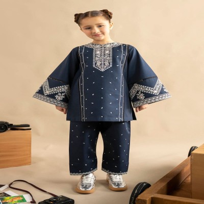 Navy Blue Embroidered Kurta & Trouser Set with Bell Sleeves