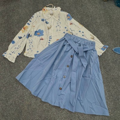 Girls' Floral Button-Down Shirt & Belted Skirt Set