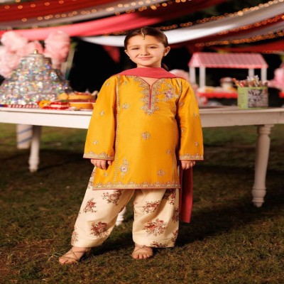 Girl's Mustard Yellow Embroidered Salwar Kameez
