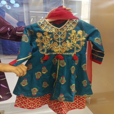 Teal Green & Red Heavy Embroidered Kids Kurti with Bottom