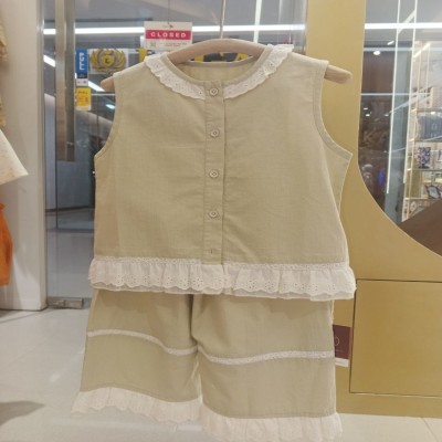 Girls’ Sage Green Button-Front Top & Shorts Set with White Eyelet Trim