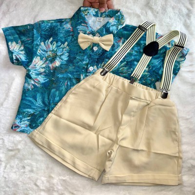 Baby Boy Teal Tropical Floral Suspender Set