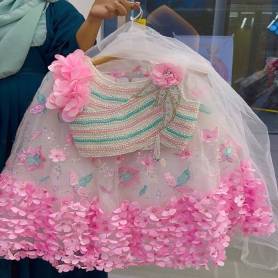Pastel Pearl-Beaded & 3D Floral White Lehenga Set