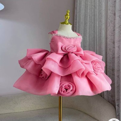 Pink Rosette Party Dress with Pearl Embellished Neckline