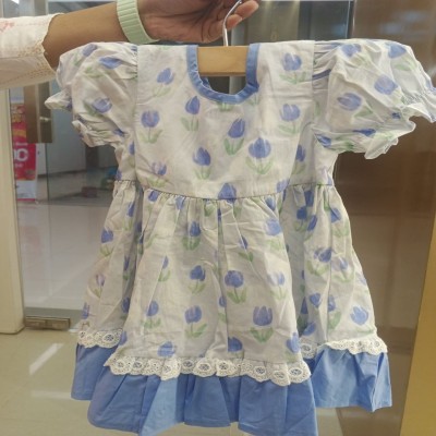 White & Blue Floral Print Puff Sleeve Baby Girl Dress