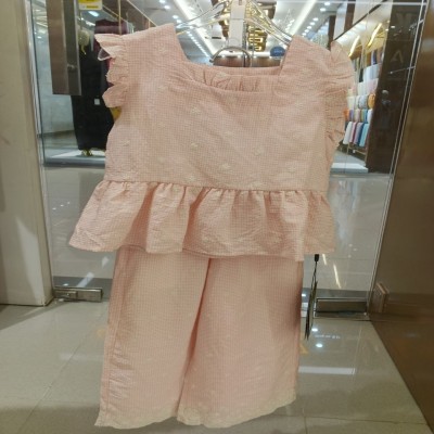 Soft Pink Seersucker Floral Embroidered Ruffle