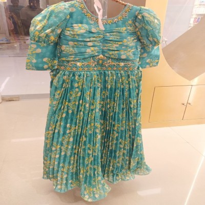 Teal Floral Zari Embellished Pleated Gown