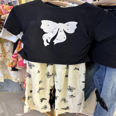 Black White Bow Top & Cream Butterfly Print Pants Set