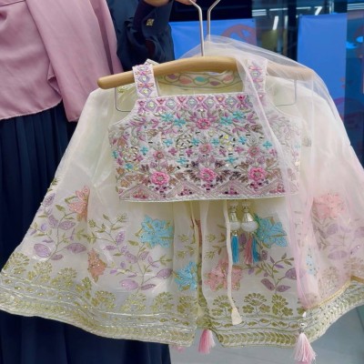 Pastel Floral Embroidered White Lehenga Choli Set
