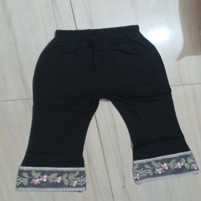 Black Elastic Waist Trousers with Floral Embroidered