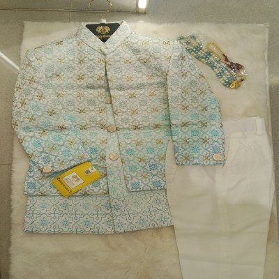 Aqua Blue and White Ombre Woven Indo-Western Sherwani
