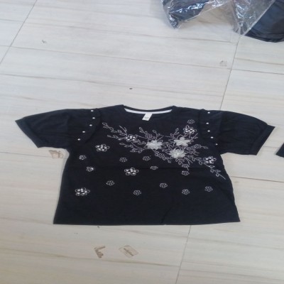 Embellished Floral Short-Sleeve Black Top