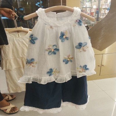Girls’ White 3D Floral Appliqué Top & Navy Wide-Leg Pants Set