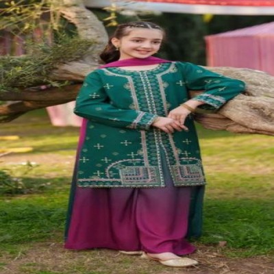 Green Embroidered Salwar Kameez with Purple Salwar & Dupatta