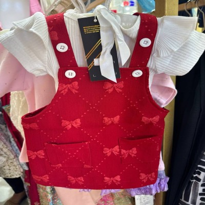 Red Bow Print Denim Overalls with White Ruffled Shirt