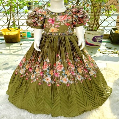 Regal Olive Green Floral Crepe Gown