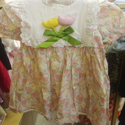 Pastel Tulip Print Dress with Eyelet Lace Bib